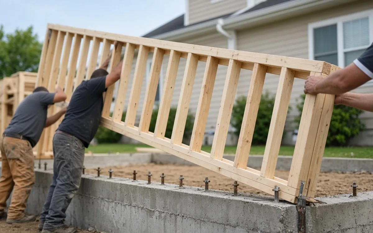 Three framers tilting up a newly built wood stud wall onto a concrete foundation with anchor bolts