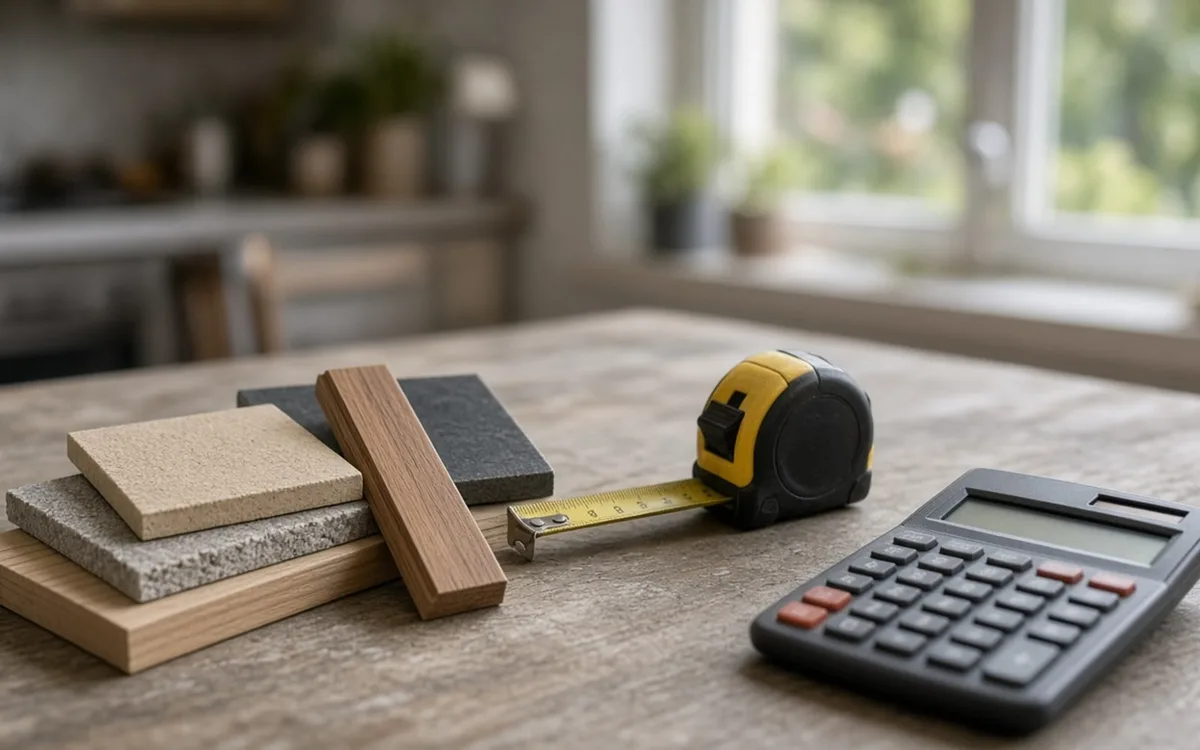 Wood, quartz and stone samples stacked by a tape measure and a large calculator on a kitchen table