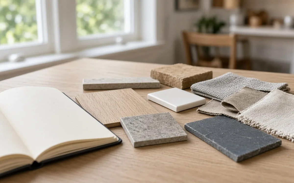 Open notebook with wood, quartz, stone and fabric samples spread across a light wooden table by a window