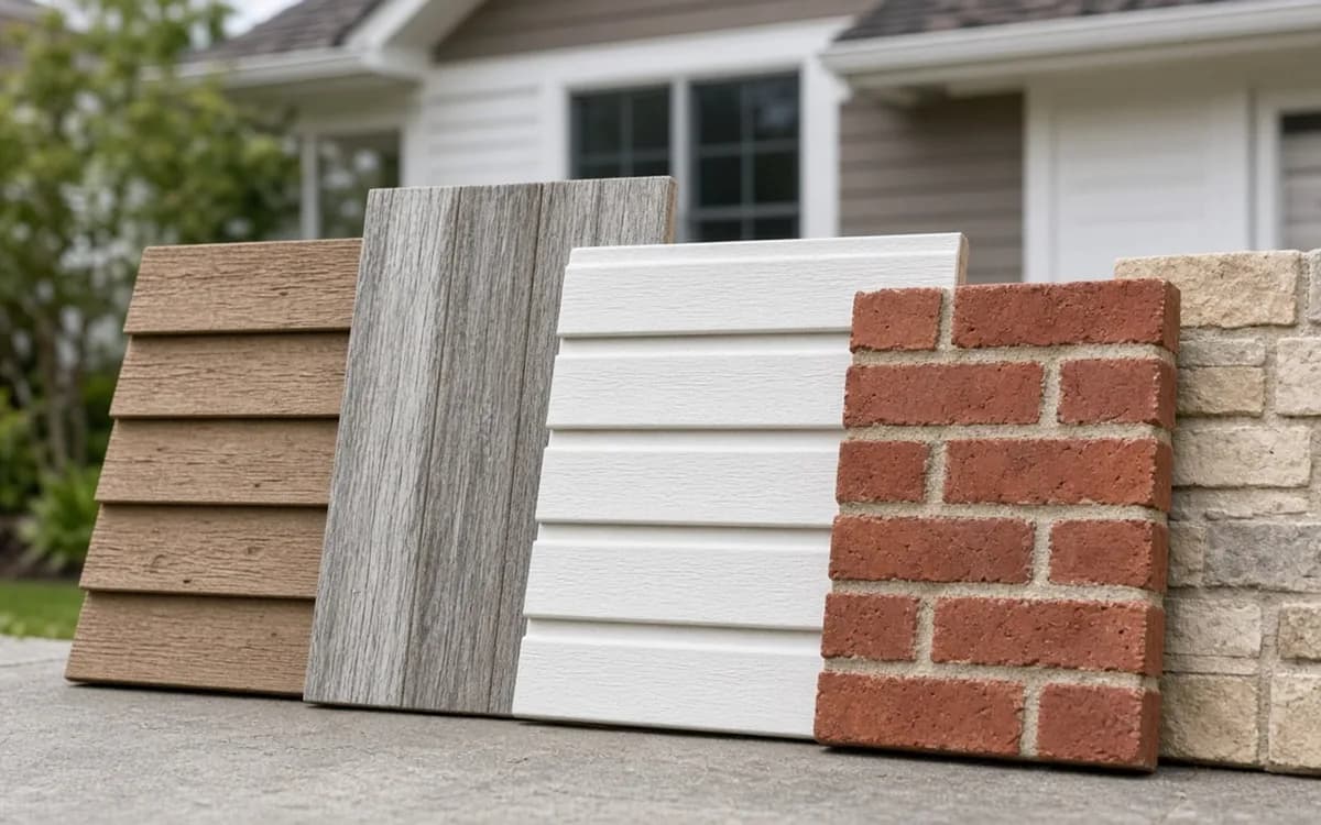 Upright exterior siding samples in a row: wood-look lap, grey plank, white vinyl, red brick and tan stone