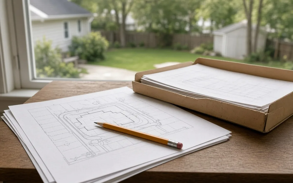 Stack of site plan drawings, a pencil and a kraft box of papers on a table by a window onto a yard with a shed
