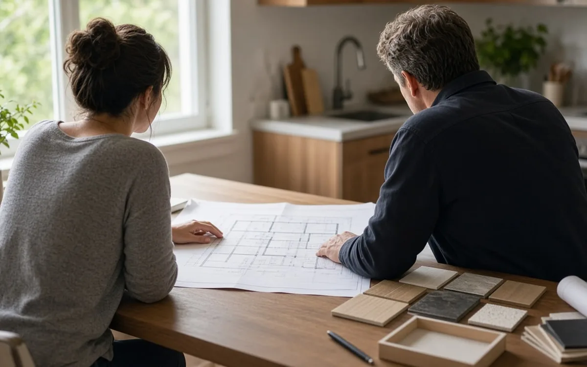Woman and man seen from behind studying a floor plan with small material samples at a kitchen table