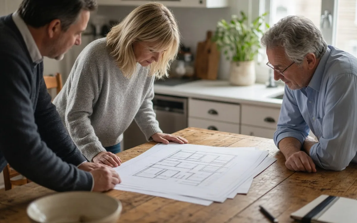 Three adults leaning over a floor plan at a kitchen table, one man pointing at the drawing