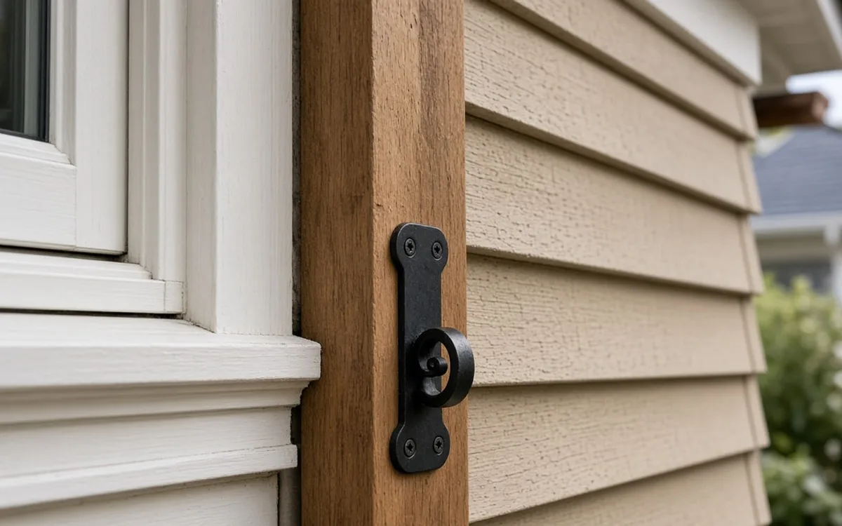 Black iron hardware mounted on a wood trim board between a white window frame and beige lap siding