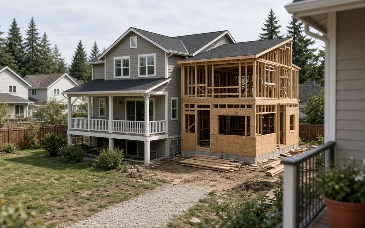 Framed two-story addition with OSB sheathing on the side of a grey house with a covered porch and gravel path