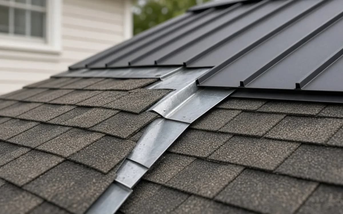 Close view where dark standing-seam metal roofing meets asphalt shingles along a metal flashing strip