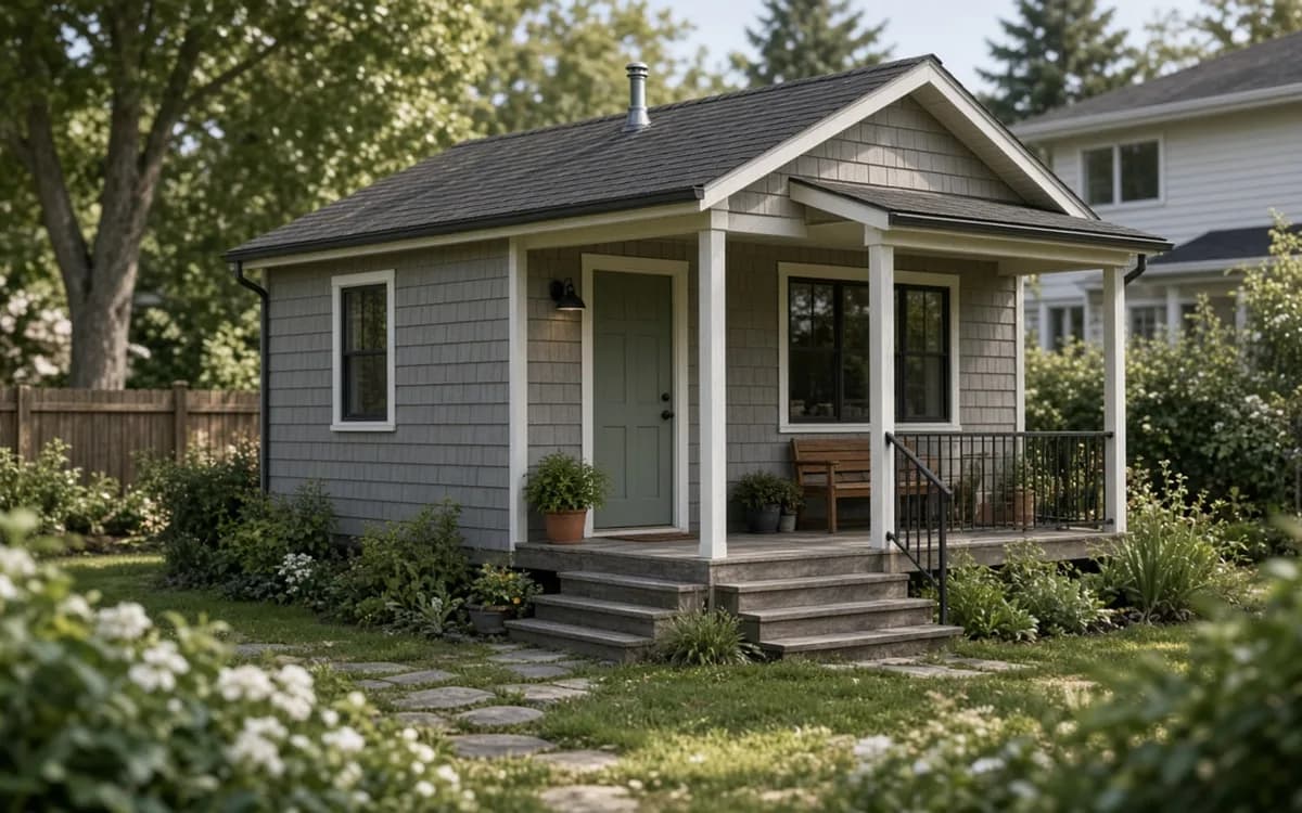 Small grey shingle-sided backyard cottage with a covered porch, sage-green door and stone path