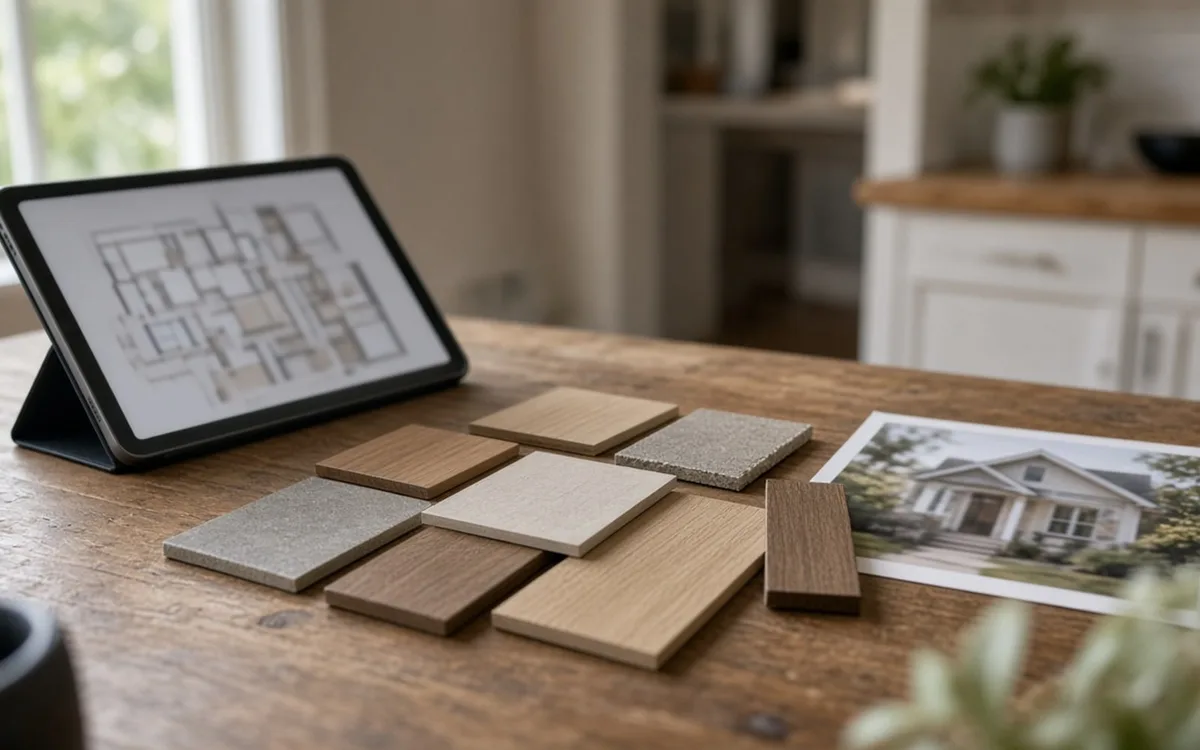 Tablet showing a floor plan beside wood and stone samples and a printed photo of a white house