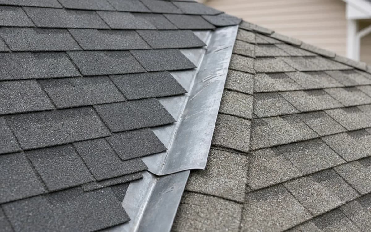 Close detail of grey architectural asphalt shingles laid over a galvanized metal valley flashing