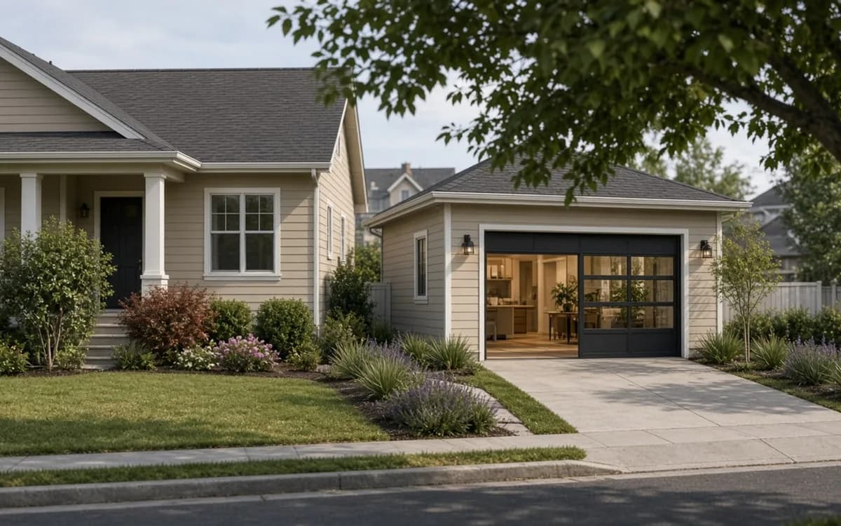 Detached garage with a glass-panel door showing a lit living space inside, beside a tan craftsman house