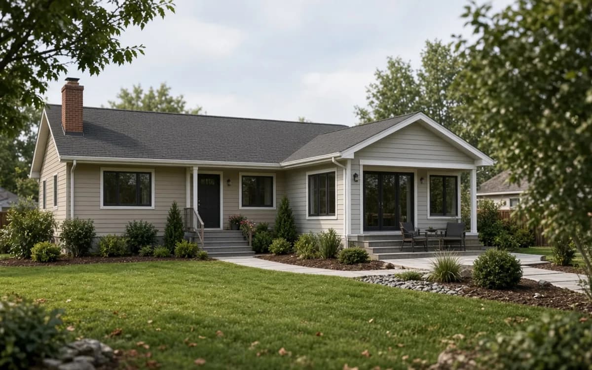 Tan ranch house with a front-gabled wing holding glass doors and a small patio with chairs