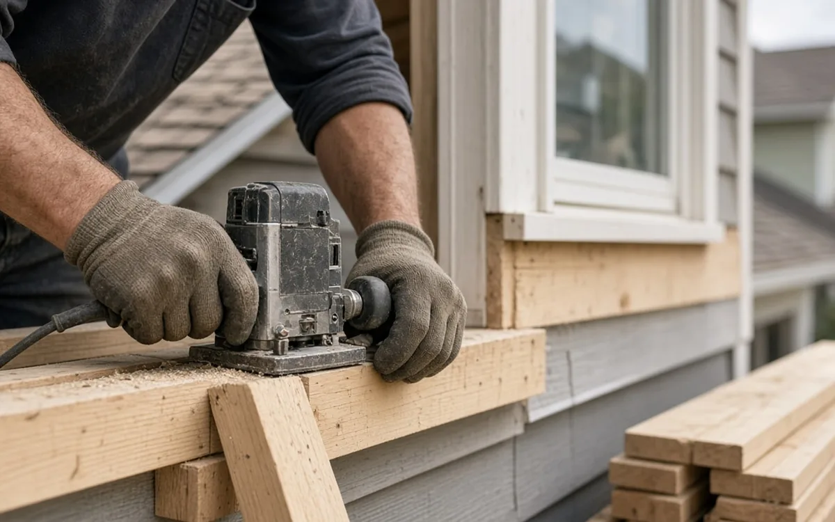 Gloved hands running a power planer along a lumber edge beside new siding and a window, lumber stacked below