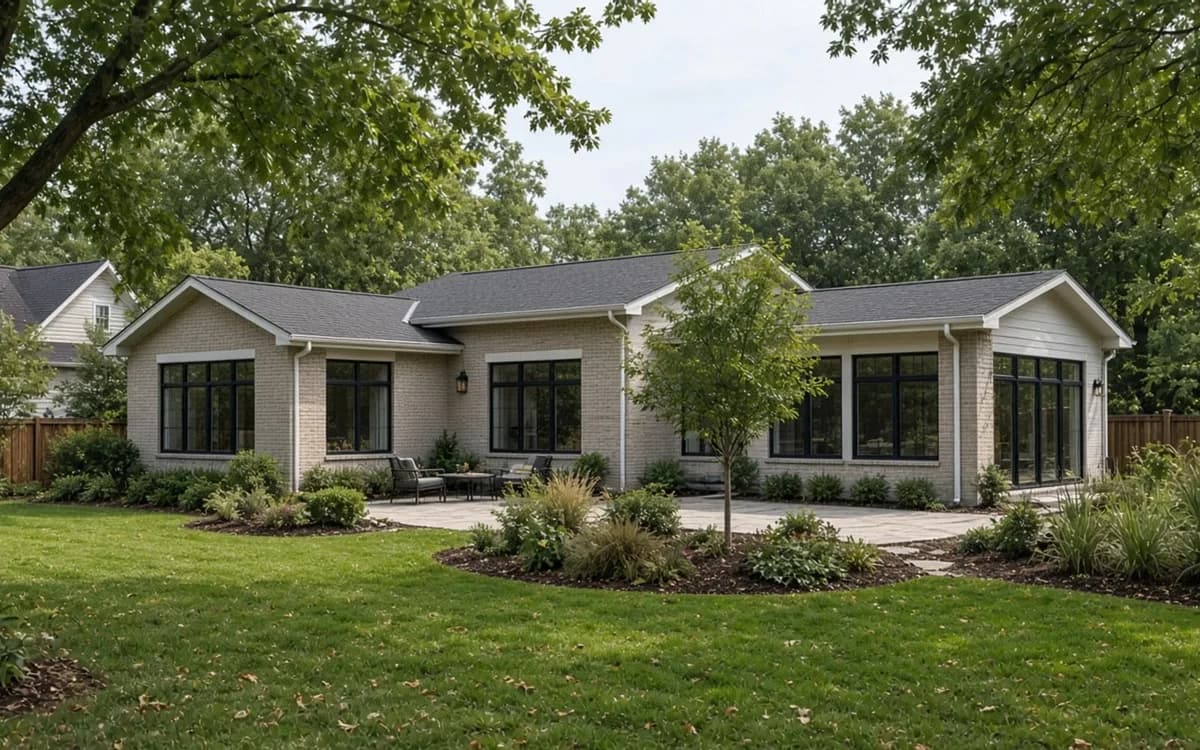 Wide single-story brick-and-siding house with large black-framed windows and a landscaped front lawn