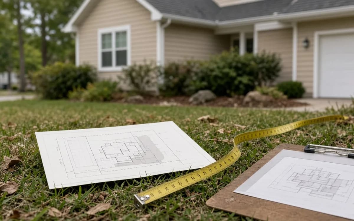 Floor plan sheets, a clipboard and a yellow tape measure lying on the lawn in front of a beige house