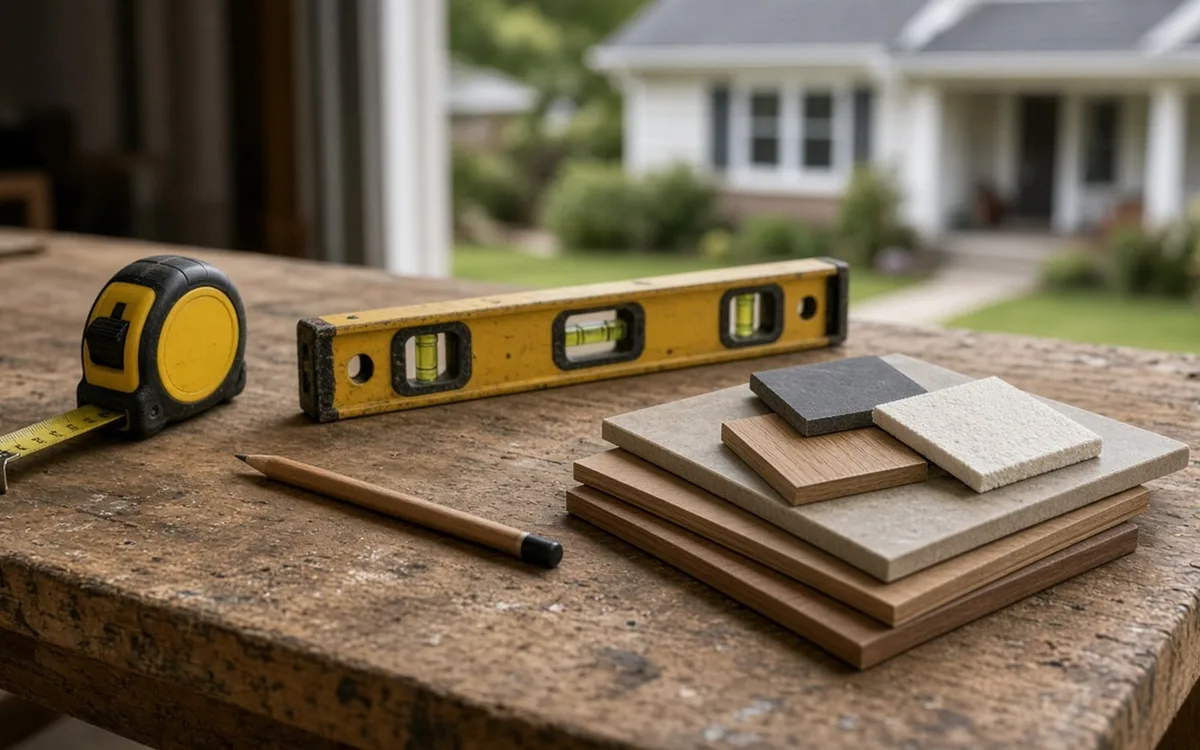 Yellow tape measure, spirit level, pencil and stacked wood and stone samples on a worn workbench