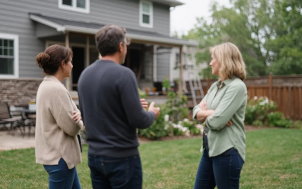 Three adults talking on a lawn outside a grey two-story house with a patio and wood fence