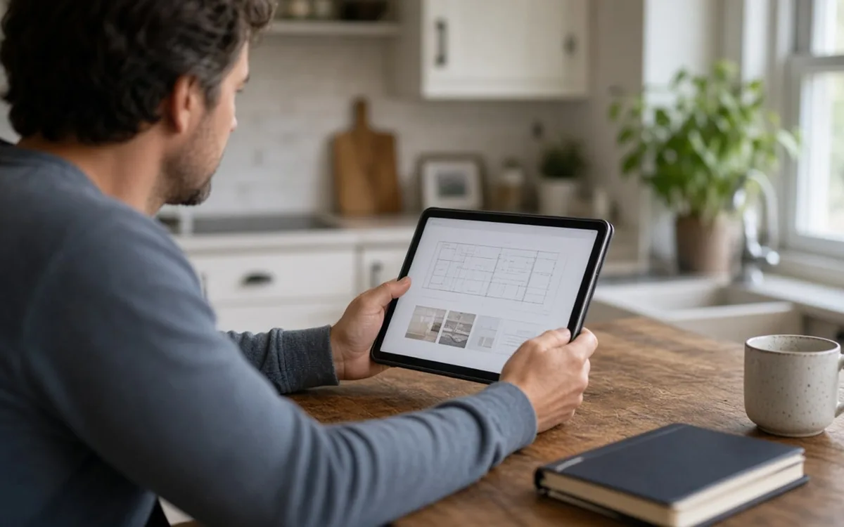 Man at a kitchen table holding a tablet showing a floor plan, with a mug and dark notebook beside him