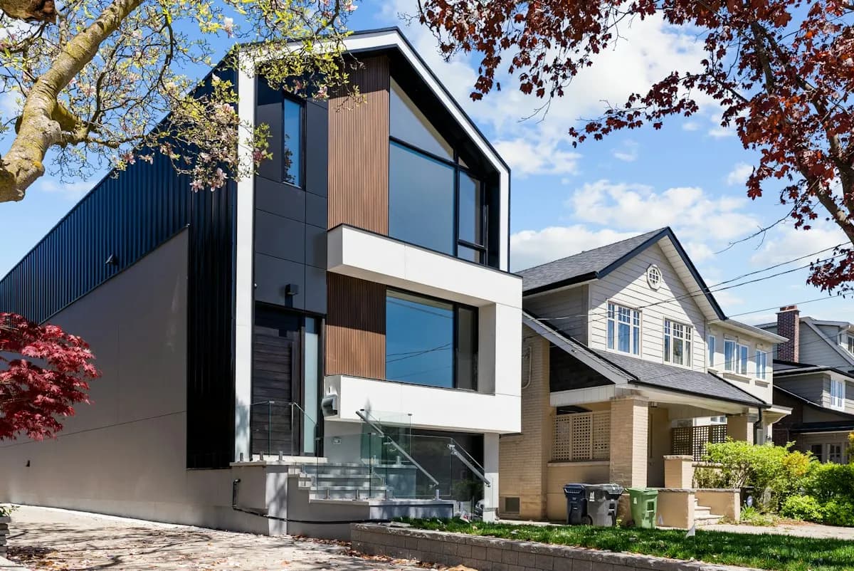 Modern house facade with a projecting upper storey