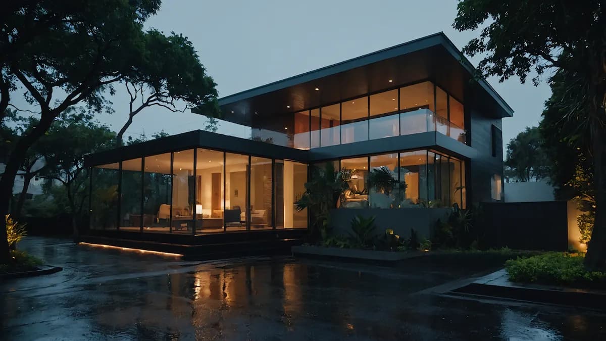 Glazed two-storey house at dusk