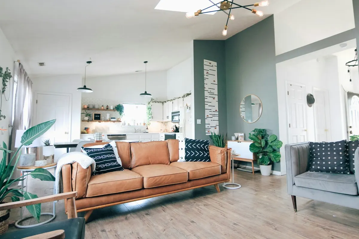 Open living area with a sofa and dining space