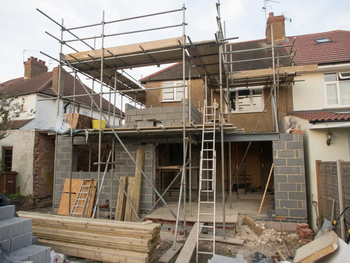 Roof framing and scaffolding during a house extension