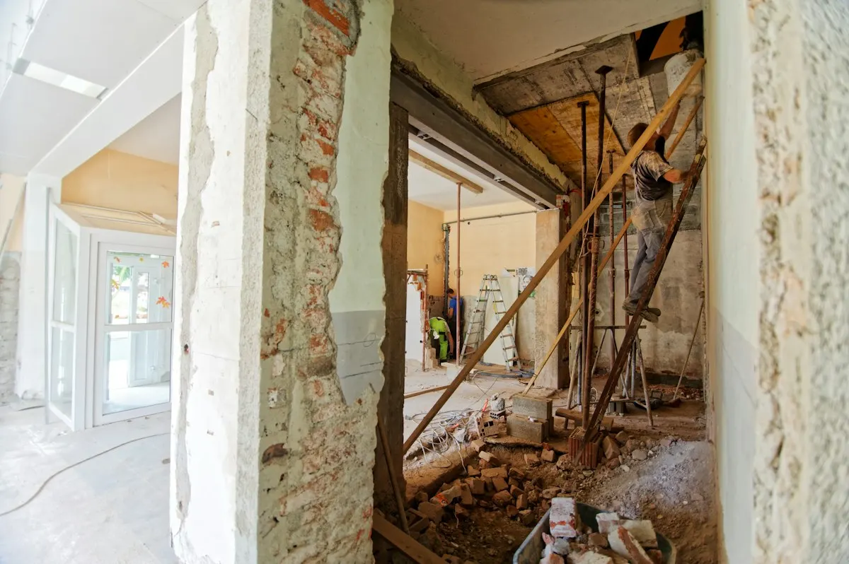 Interior renovation exposing walls and temporary supports