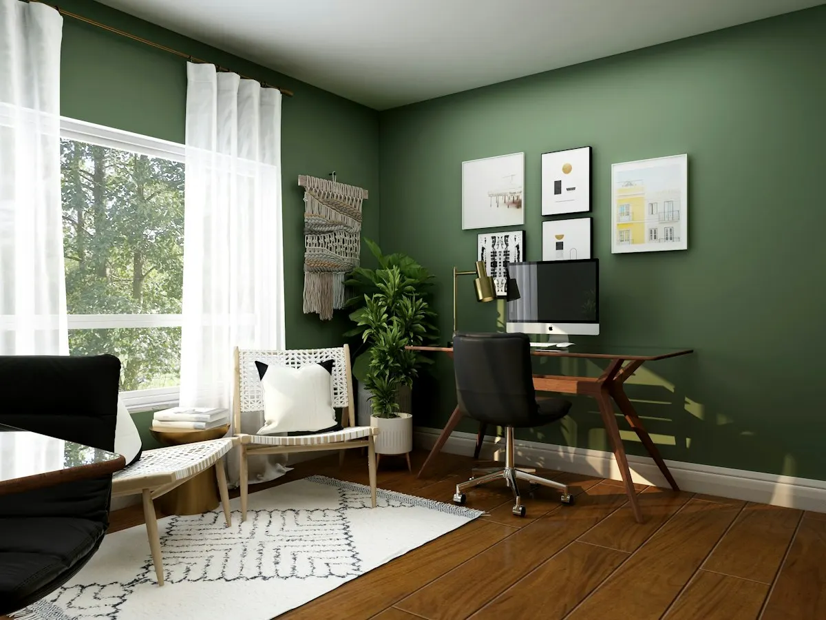 Home office with a desk beside large windows